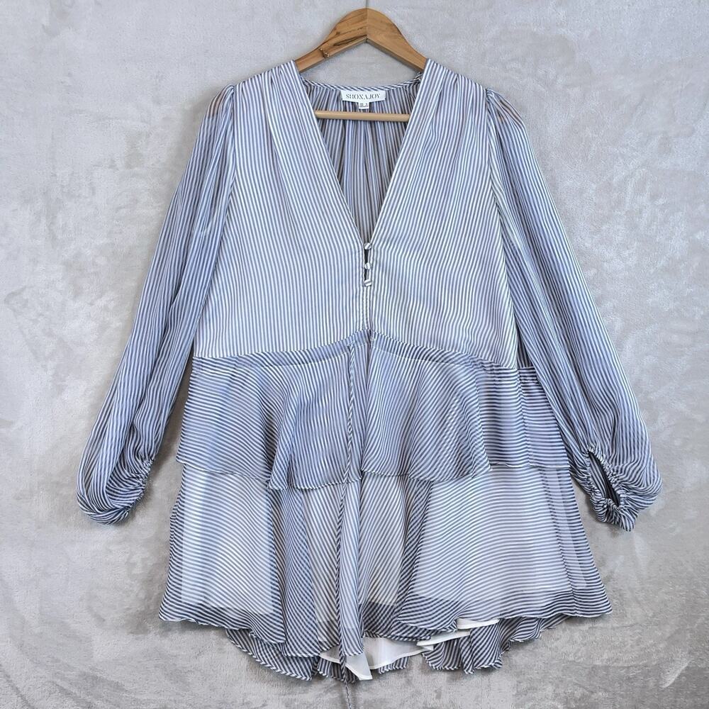 Shona Joy Striped Ruffle Mini Dress Balloon Sleeve Coastal Boho Size 6 *flaw*